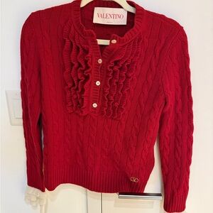 Valentino Women's Red Ruffle Cable-Knit Sweater